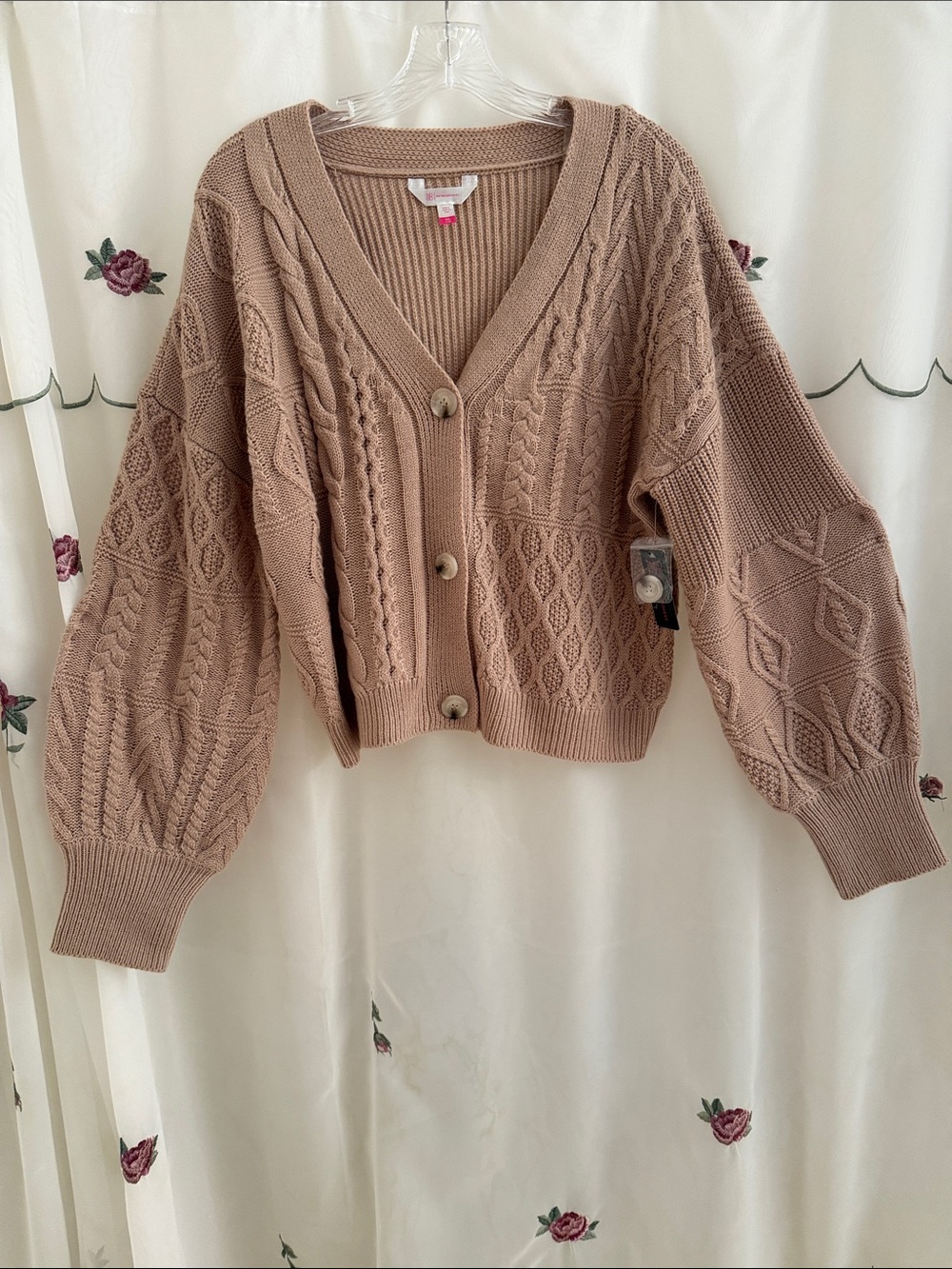 No Boundaries Taupe Cable Knit V-Neck Button Cardigan